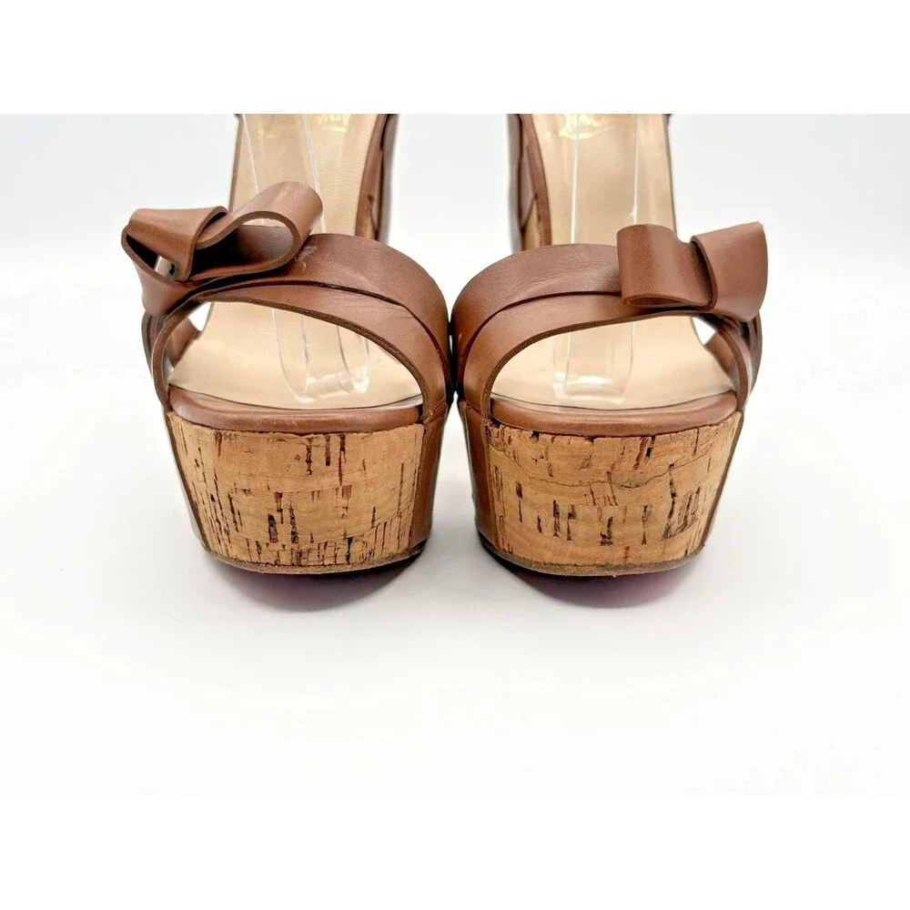 Christian Louboutin Cork Wedge Heels Brown Leather Bow Accent Size EU 35